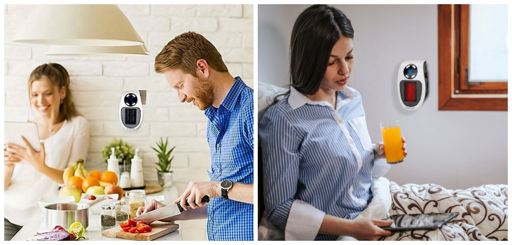 Collage: on the left twop people cooking in the kitchen with QuickHeat Pro plugged in in the back. On the right: a woman sitting with a blanket, drinking juice, QuickHeat Pro in the back